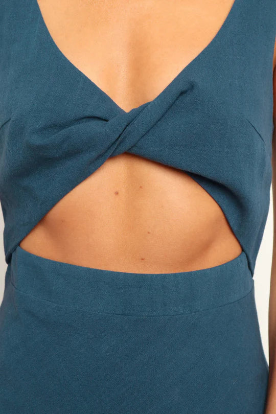 Deep V Neck Twist Front Waist Cutout Textured Woven Midi Dress