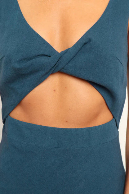 Deep V Neck Twist Front Waist Cutout Textured Woven Midi Dress