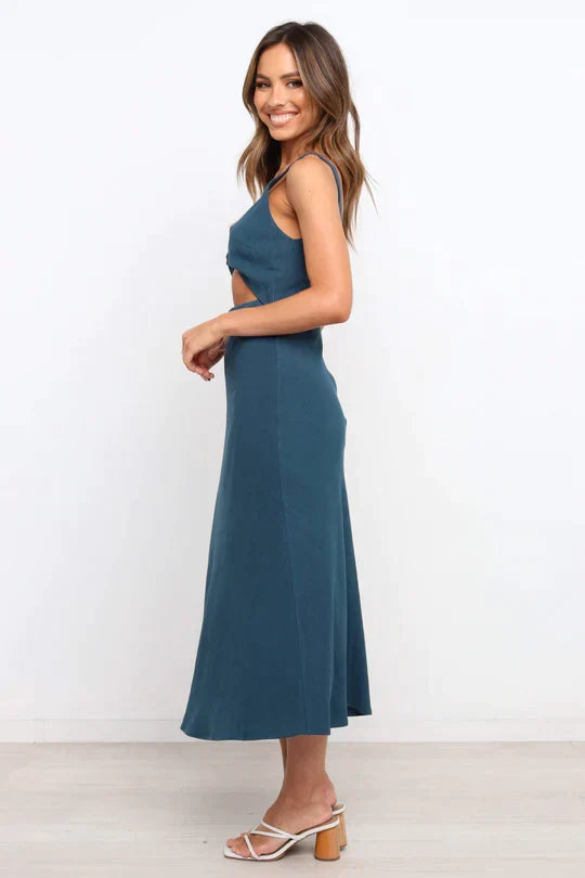 Deep V Neck Twist Front Waist Cutout Textured Woven Midi Dress