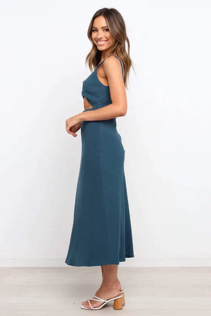 V Neck Twist Front Midriff Cutout Sleeveless Column Midi Dress