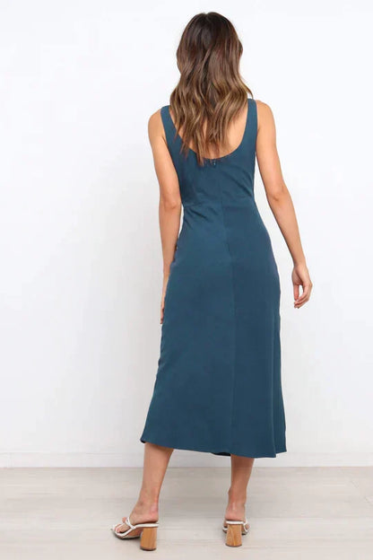 Deep V Neck Twist Front Waist Cutout Textured Woven Midi Dress