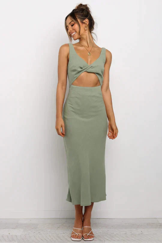 Deep V Neck Twist Front Waist Cutout Textured Woven Midi Dress
