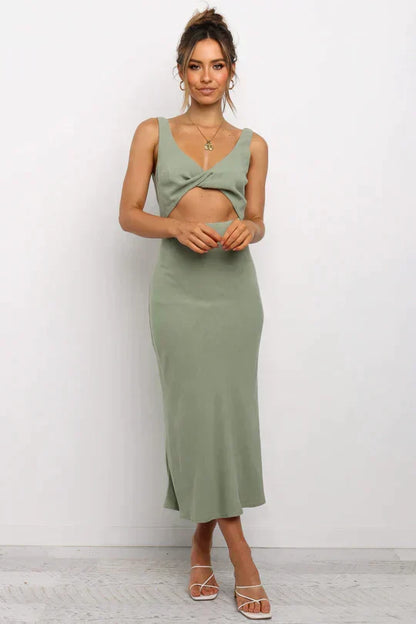 V Neck Twist Front Midriff Cutout Sleeveless Column Midi Dress