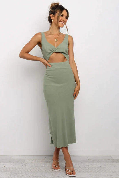Deep V Neck Twist Front Waist Cutout Textured Woven Midi Dress