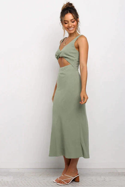 Deep V Neck Twist Front Waist Cutout Textured Woven Midi Dress