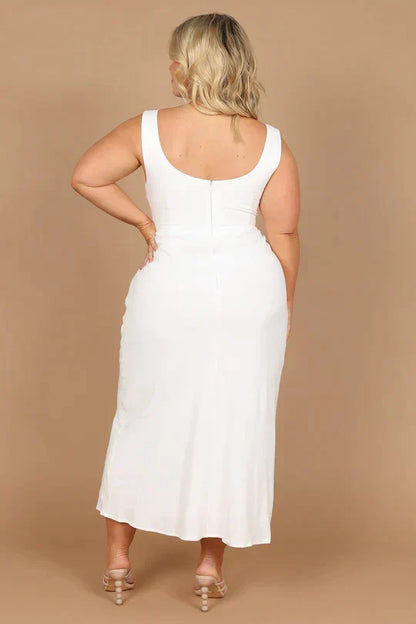 V Neck Twist Front Midriff Cutout Sleeveless Column Midi Dress
