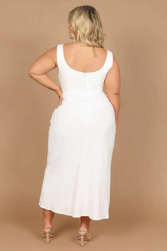 Deep V Neck Twist Front Waist Cutout Textured Woven Midi Dress