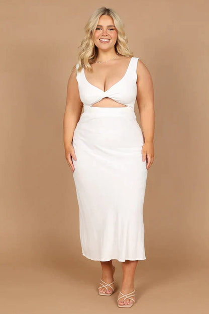 Deep V Neck Twist Front Waist Cutout Textured Woven Midi Dress