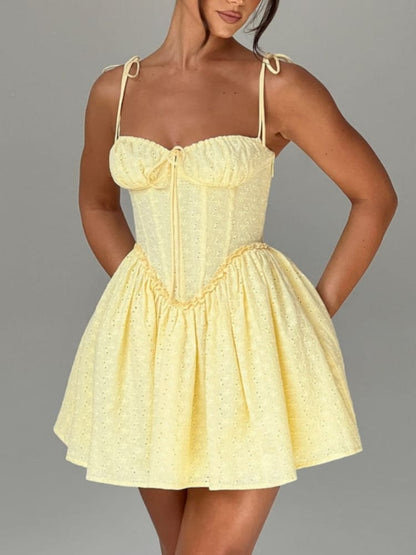 Eyelet Corset Bodice Tie Shoulder Sweetheart Bow Ruffled Skater Mini Dress