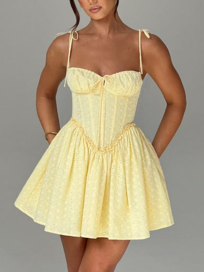 Eyelet Corset Bodice Tie Shoulder Sweetheart Bow Ruffled Skater Mini Dress