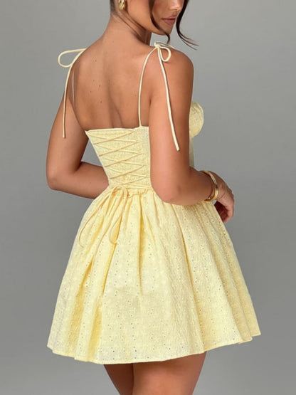 Eyelet Corset Bodice Tie Shoulder Sweetheart Bow Ruffled Skater Mini Dress