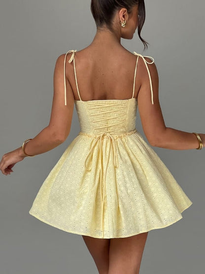 Eyelet Corset Bodice Tie Shoulder Sweetheart Bow Ruffled Skater Mini Dress