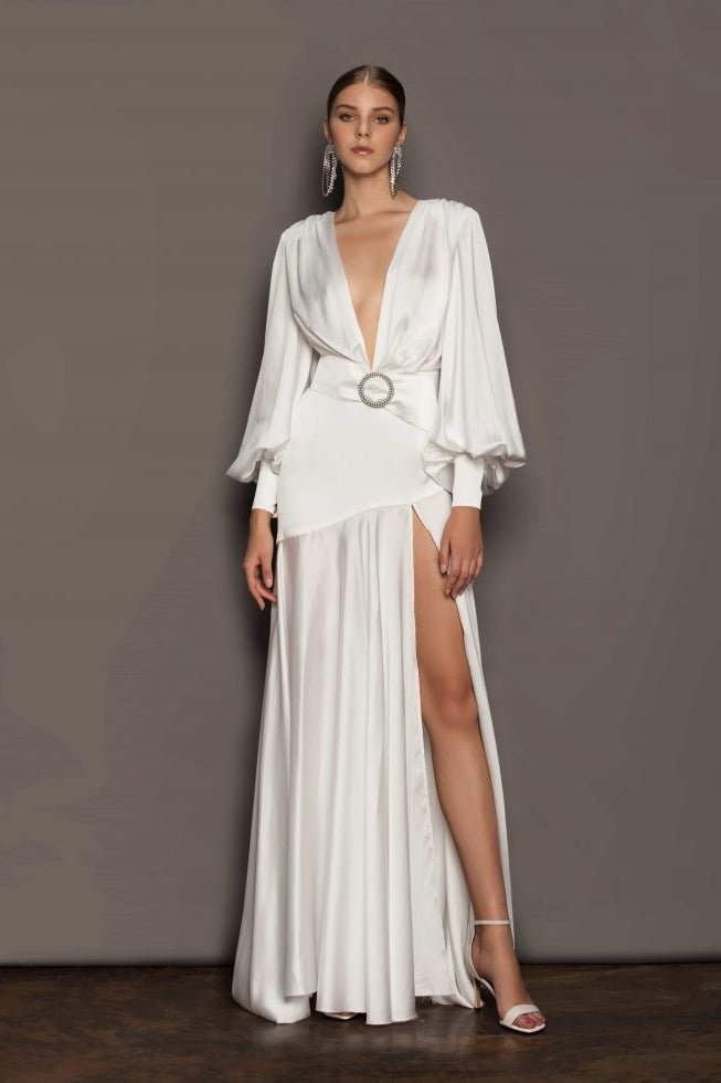 Satin Plunge V-Neck Bishop Sleeve Belted Buckle Waist A-Line Maxi Gown