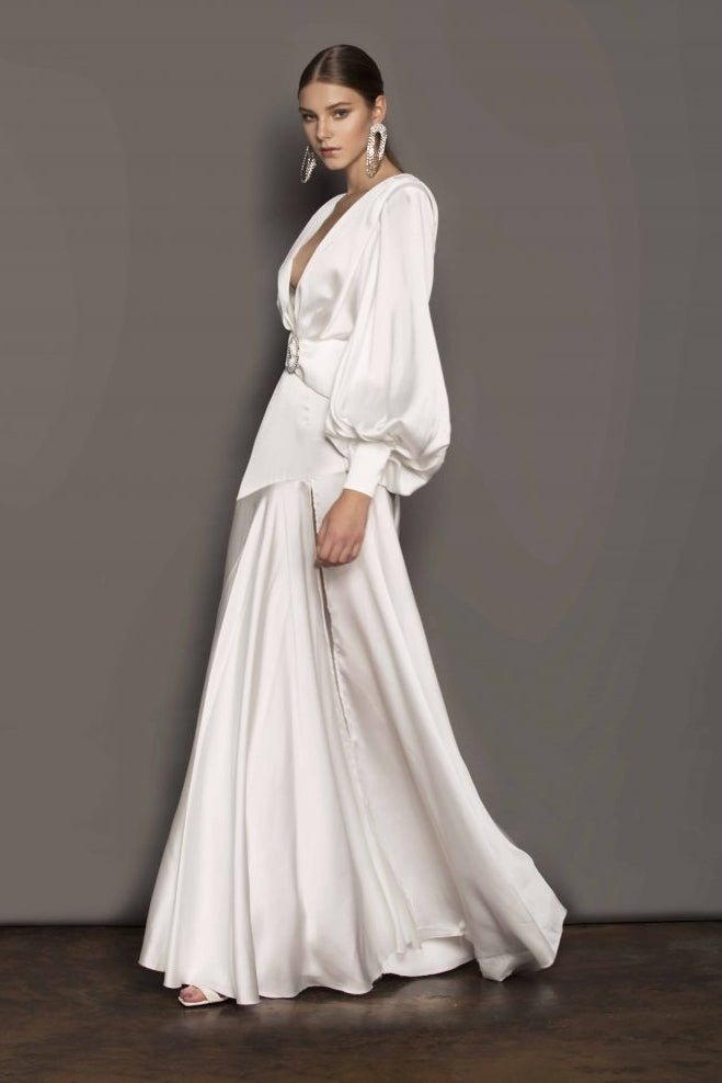 Satin Plunge V-Neck Bishop Sleeve Belted Buckle Waist A-Line Maxi Gown