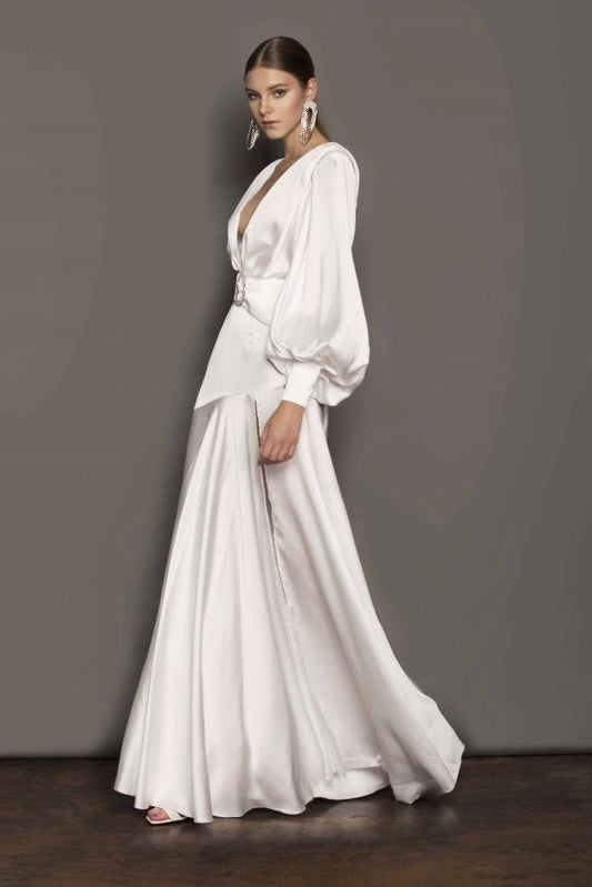 Satin Plunge V-Neck Bishop Sleeve Belted Buckle Waist A-Line Maxi Gown