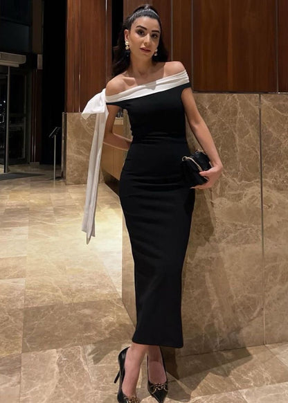 Off-Shoulder Black Maxi Dress with White Bow Detail