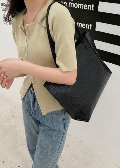 Croc-Embossed PU Leather Tote Bag – Large Black Shoulder Handbag
