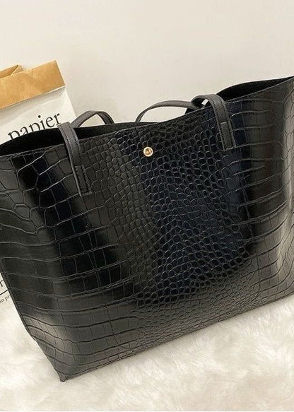 Croc-Embossed PU Leather Tote Bag – Large Black Shoulder Handbag