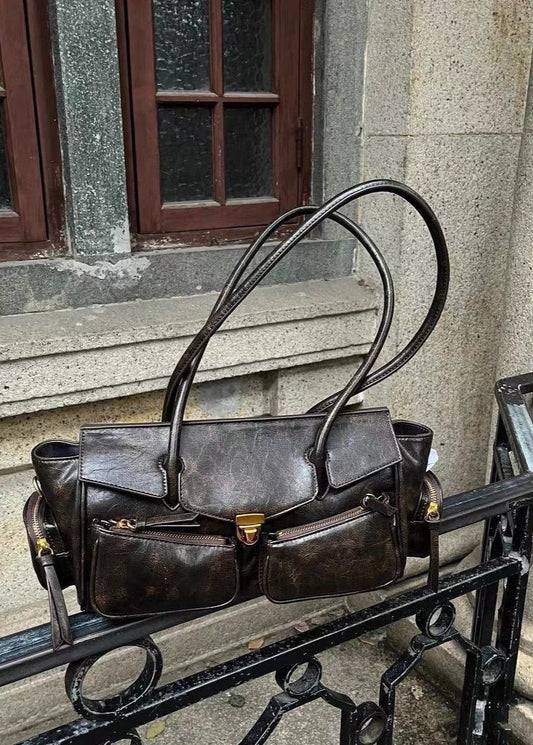 Vintage Brown Multi-Pocket Shoulder Bag – PU Leather Tote with Adjustable Strap