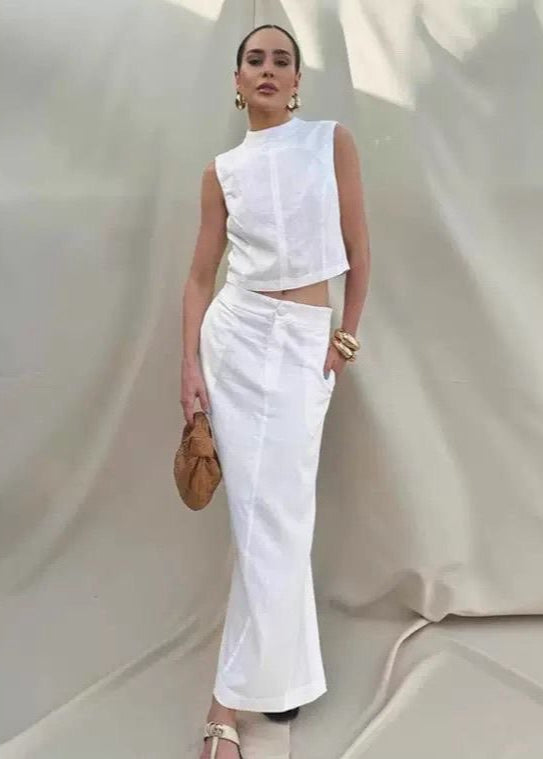 Isla Linen Blend Set – Sleeveless Top & Front-Slit Maxi Skirt