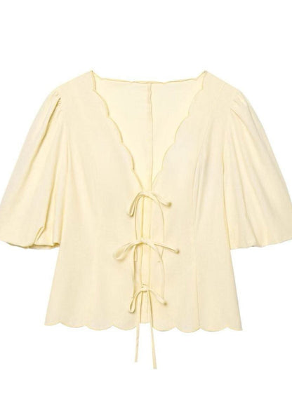 Limonetta - Scalloped Tie-Front Blouse & Wide-Leg Pants Set