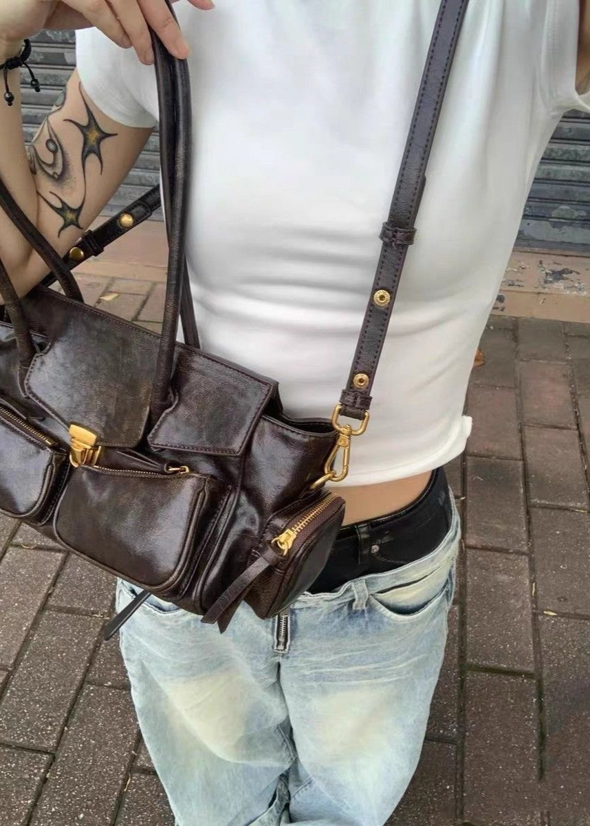 Vintage Brown Multi-Pocket Shoulder Bag – PU Leather Tote with Adjustable Strap