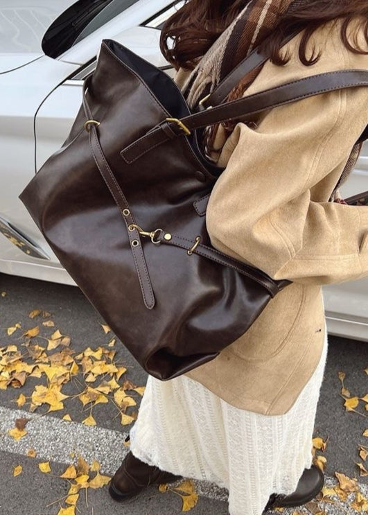 Oversized PU Leather Shoulder Tote – Women’s Large Brown Carryall Bag