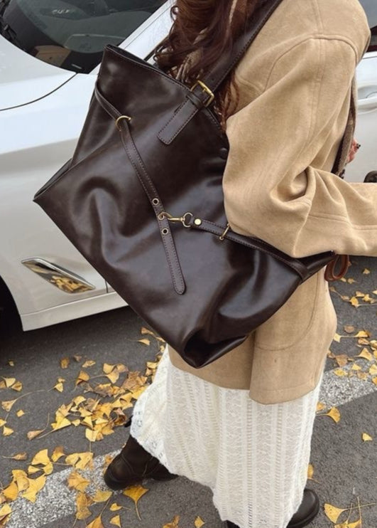 Oversized PU Leather Shoulder Tote – Women’s Large Brown Carryall Bag