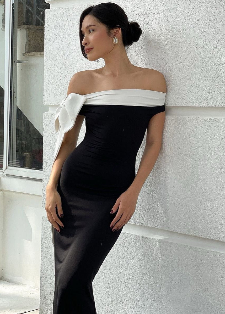 Off-Shoulder Black Maxi Dress with White Bow Detail