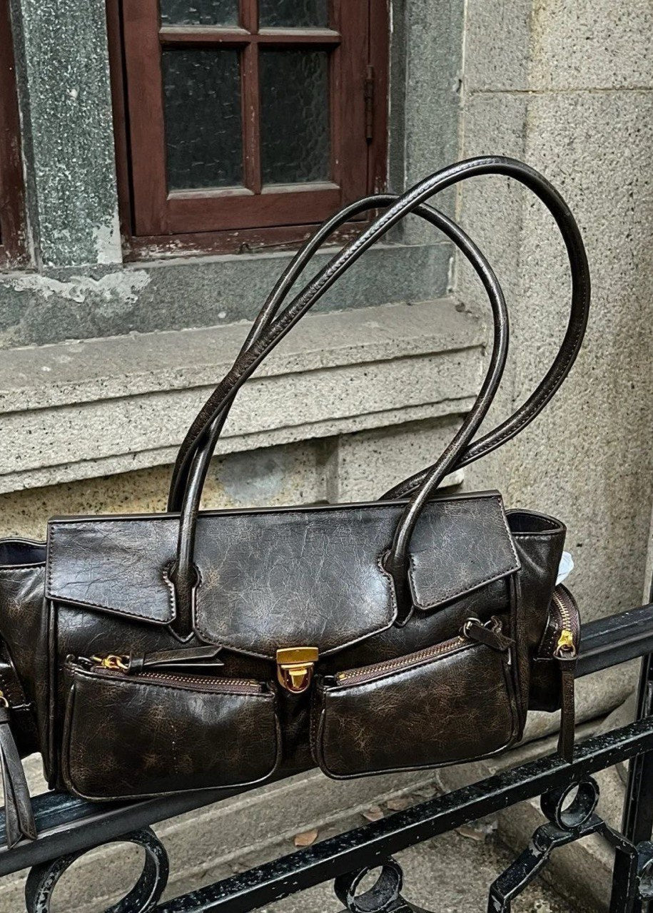 Vintage Brown Multi-Pocket Shoulder Bag – PU Leather Tote with Adjustable Strap