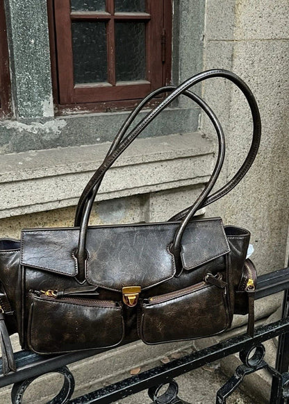 Vintage Brown Multi-Pocket Shoulder Bag – PU Leather Tote with Adjustable Strap