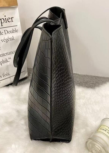 Croc-Embossed PU Leather Tote Bag – Large Black Shoulder Handbag