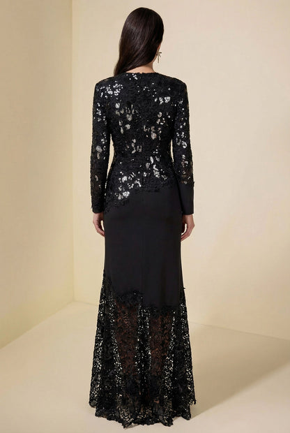 Sequin Splicing Embroidery Long Sleeve Maxi Dress