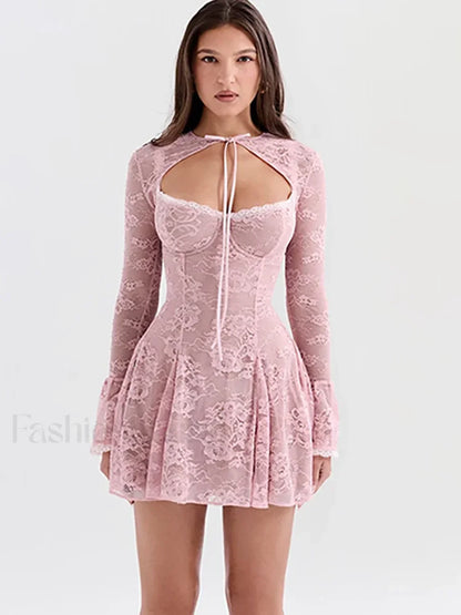 Pink Floral Flare-Sleeve Mini Dress