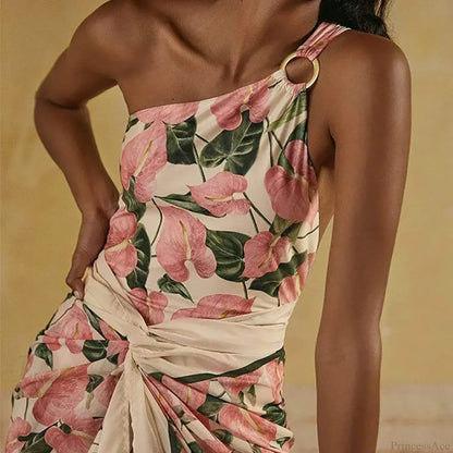 Pink Printed One Shoulder Tie One Piece Swimsuit