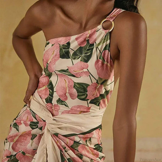 Pink Printed One Shoulder Tie One Piece Swimsuit