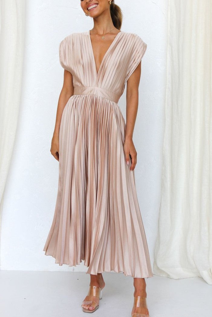 Satin Accordion Pleat Cap Sleeve Deep V-Back Tie Neck Midi Dress