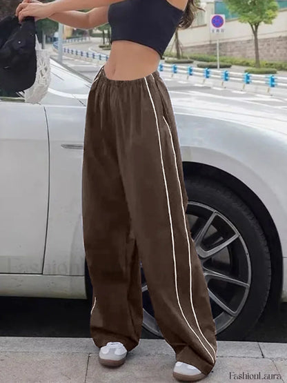 Piping Detail Wide Leg Track Pants