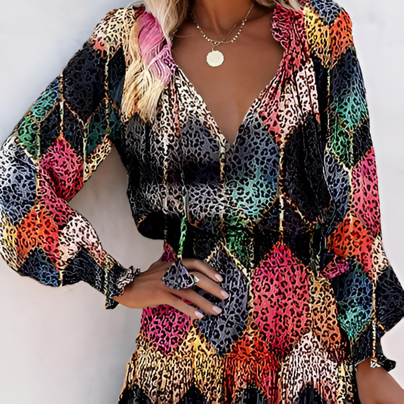 Print V-Neck Bishop Sleeve Smocked Waist Ruffle Hem Mini Dress