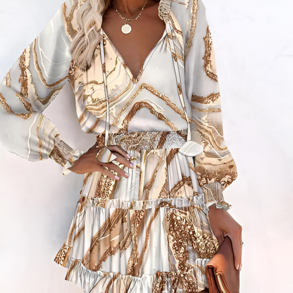 Print Ruffle Neck Smocked Waist Balloon Sleeve Tiered Mini Dress