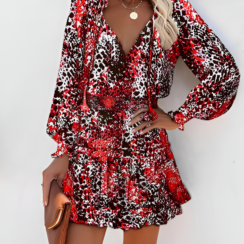 Print Ruffle Neck Smocked Waist Balloon Sleeve Tiered Mini Dress