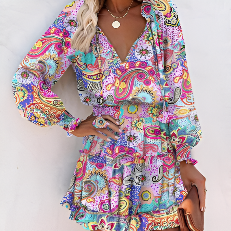 Print V-Neck Bishop Sleeve Smocked Waist Ruffle Hem Mini Dress