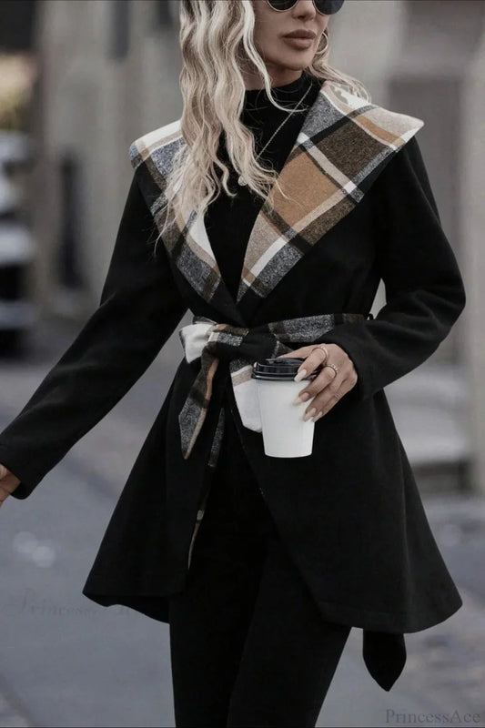 Plaid Color Block Tie Waist Wool Blend Coat