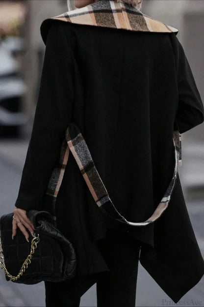 Plaid Color Block Tie Waist Wool Blend Coat