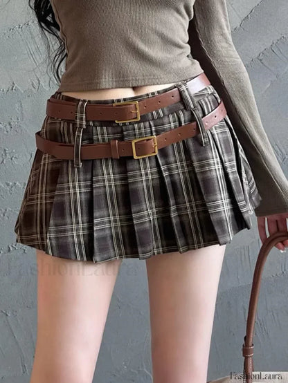 Plaid Double Waistband Pleated Skirt