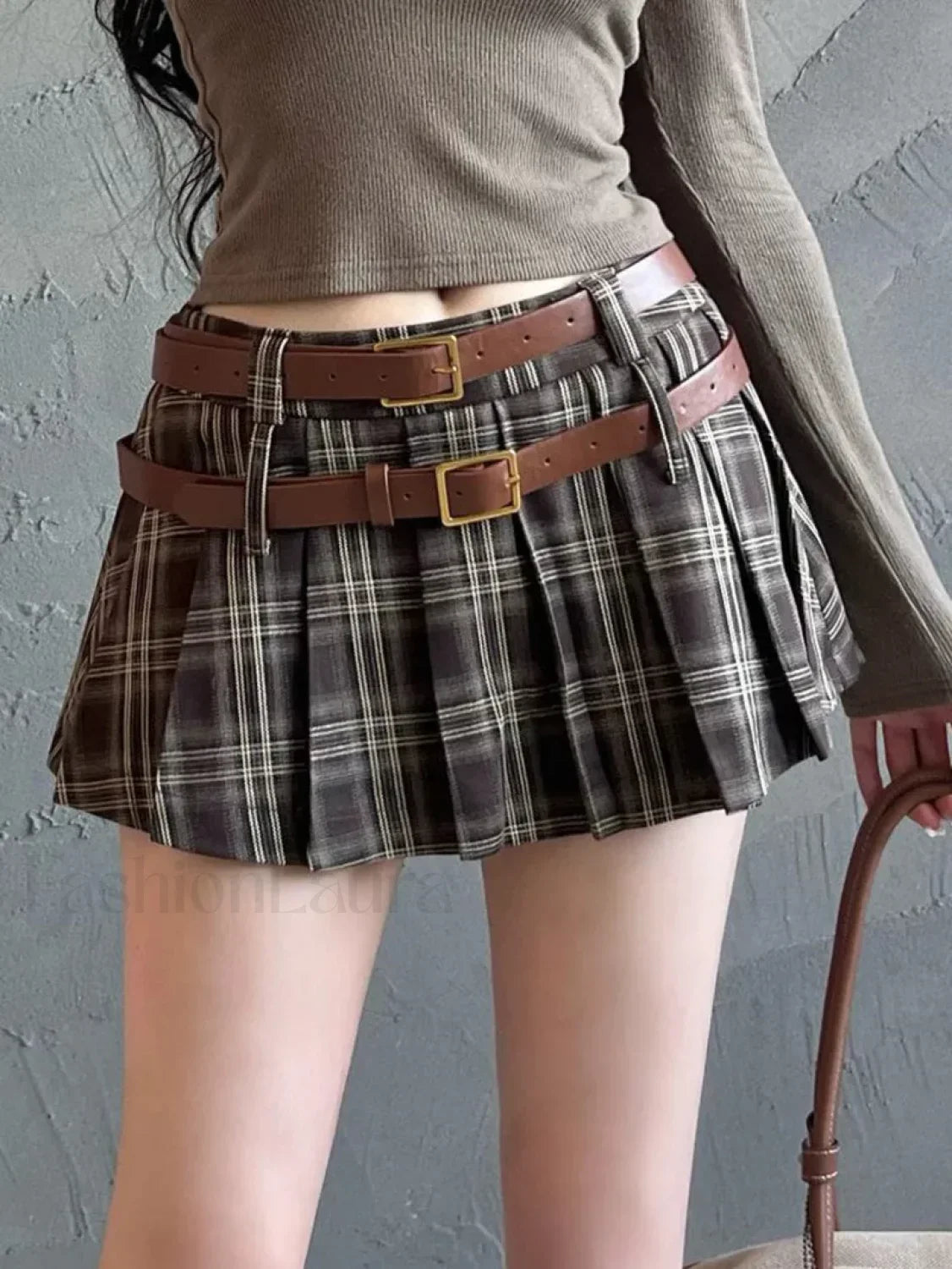 Plaid Double Waistband Pleated Skirt
