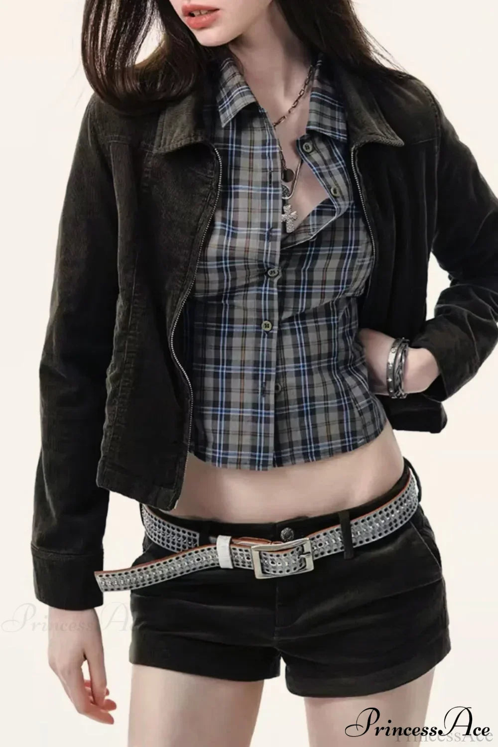 Plaid Long-Sleeve Back Bow-Tie Waist-Slim Blouse