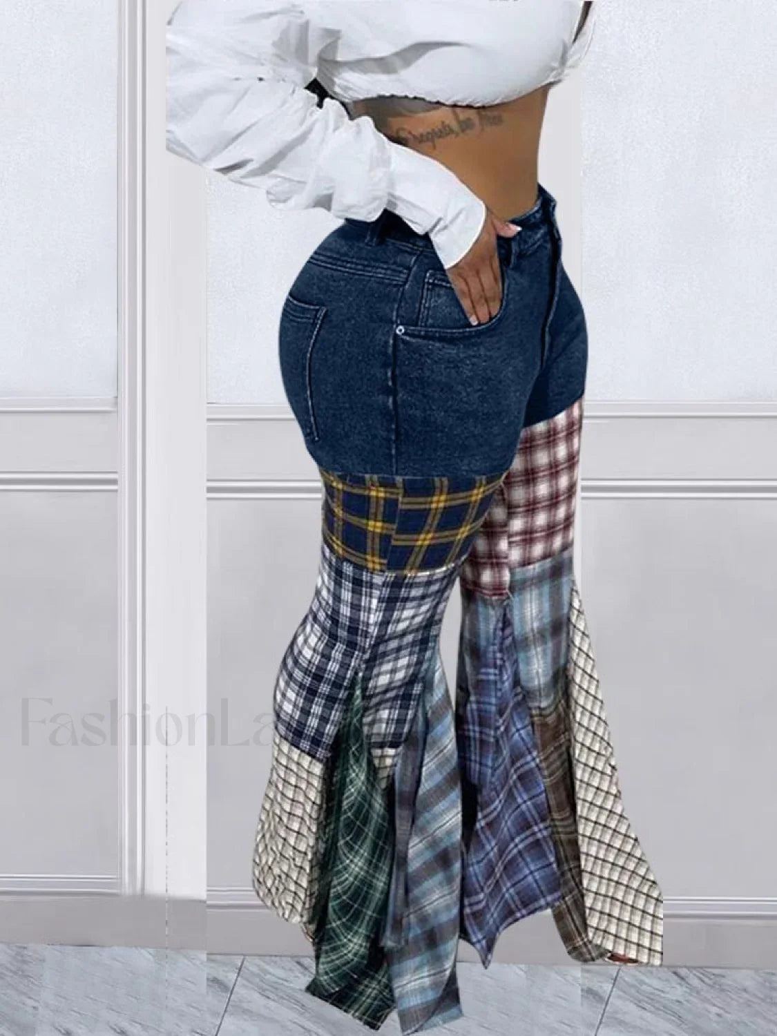 Plaid Patchwork Denim Jeans