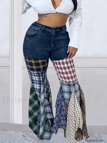Plaid Patchwork Denim Jeans