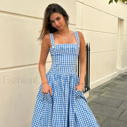 Plaid Pocket Midi Dress